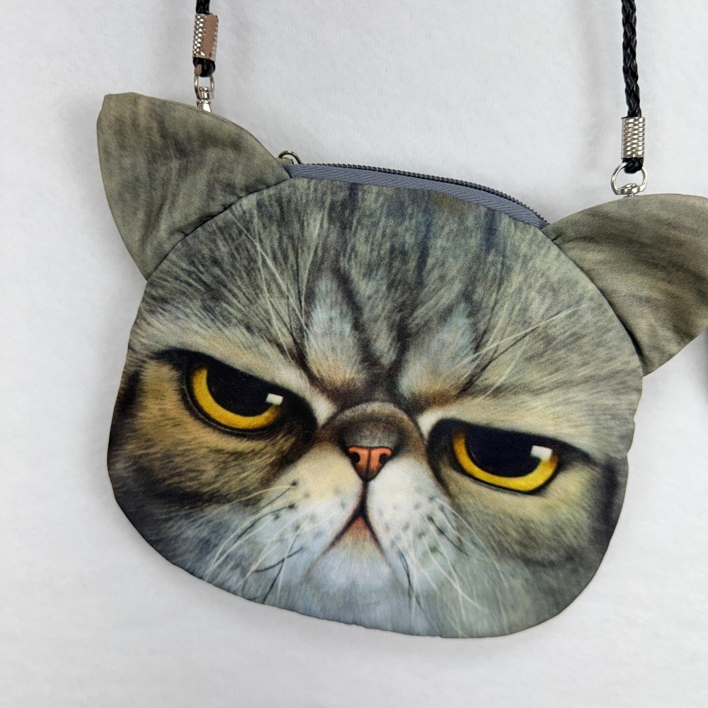 Cat Face "Cat Lady" Crossbody Bag and Coin Purse Set OS Gray Kitsch Quirky Style